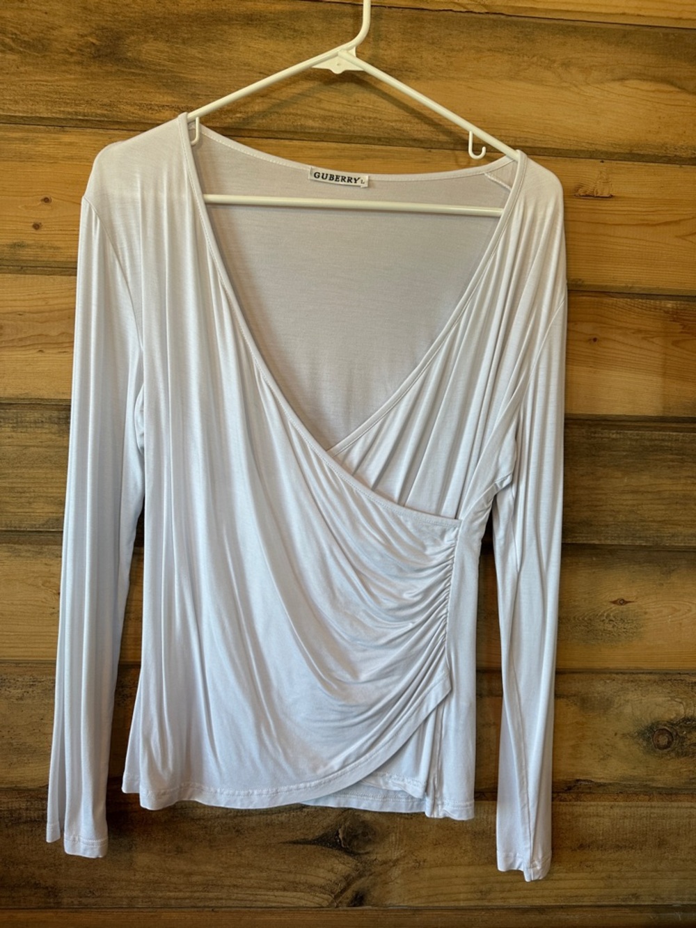 White Ruched Wrap-Front Long Sleeve Top